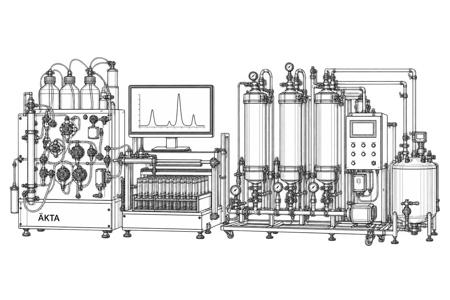 Lab-scale chromatography skids and downstream processing equipment illustration
